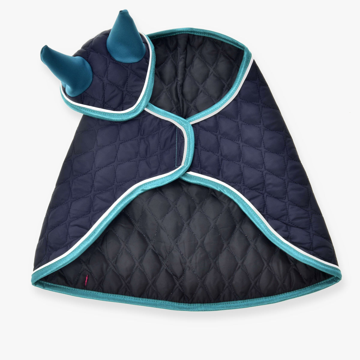 Hobby Horse Set Supreme Turquoise by LarDen: navy quilted blanket and ear bonnet with turquoise ears, trim and white piping