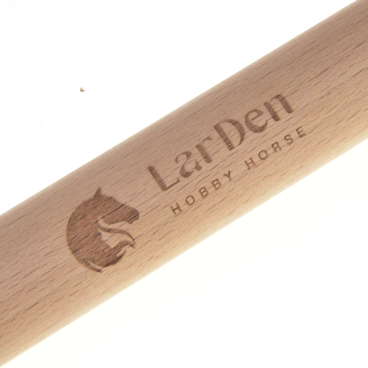 Engraved LarDen Hobby Horse lettering and horse head logo up close on the light wood of the Lower stick Standard