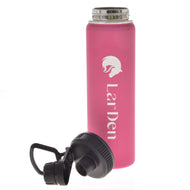 Pink bottle with the black lid unscrewed beside it, showing the steel neck and white LarDen lettering