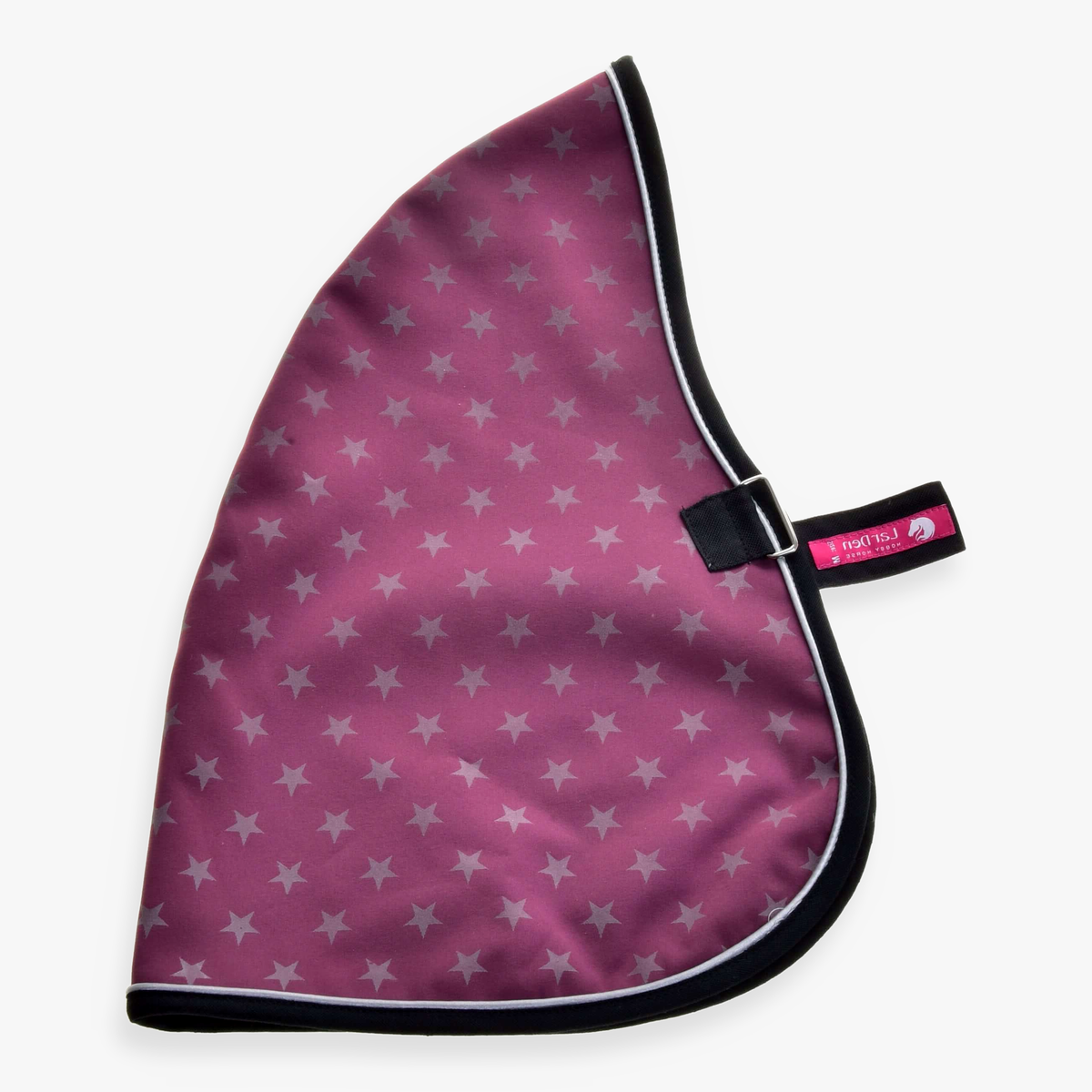 Hobby Horse Stable Blanket Purple by LarDen with grey stars, black binding and a chest strap with pink label