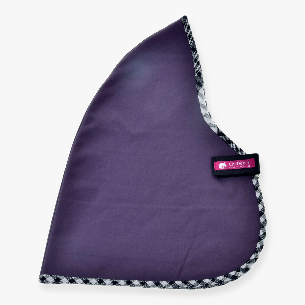 Hobby Horse Stable Blanket Dahlia by LarDen in plum purple with black and white checked trim, laid flat