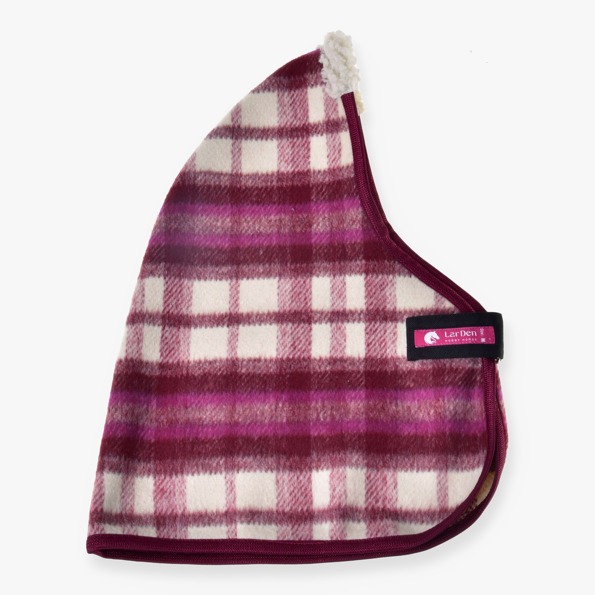 Hobby Horse Stable Blanket LarDen in burgundy, pink and cream check with a cream sherpa collar and burgundy binding