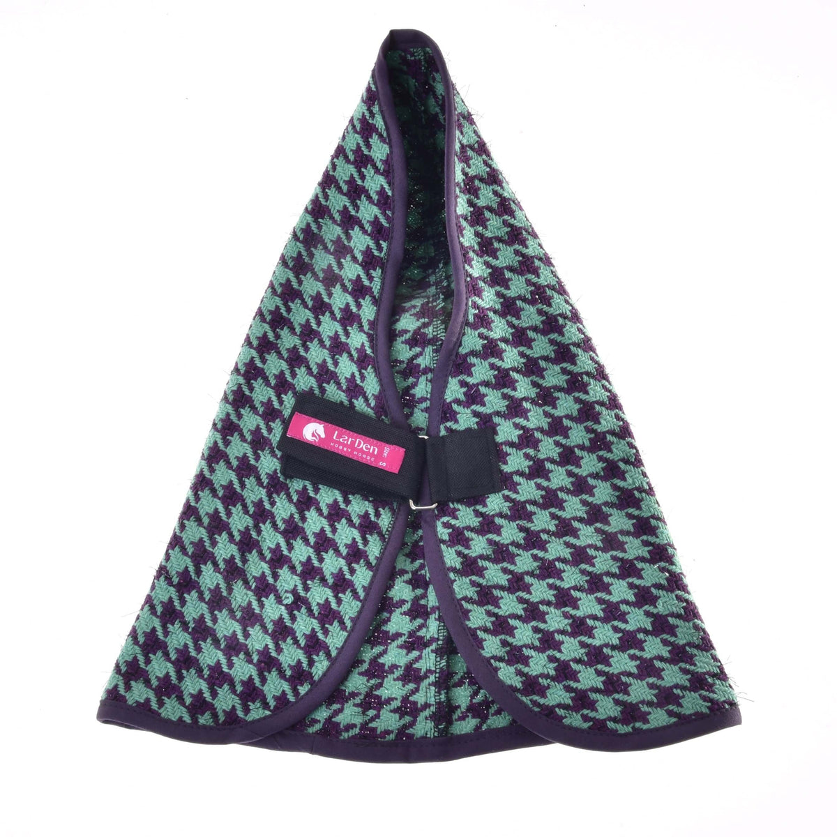 Hobby Horse Stable Blanket Green opened out on white, showing the neck opening and chest strap with the pink LarDen label