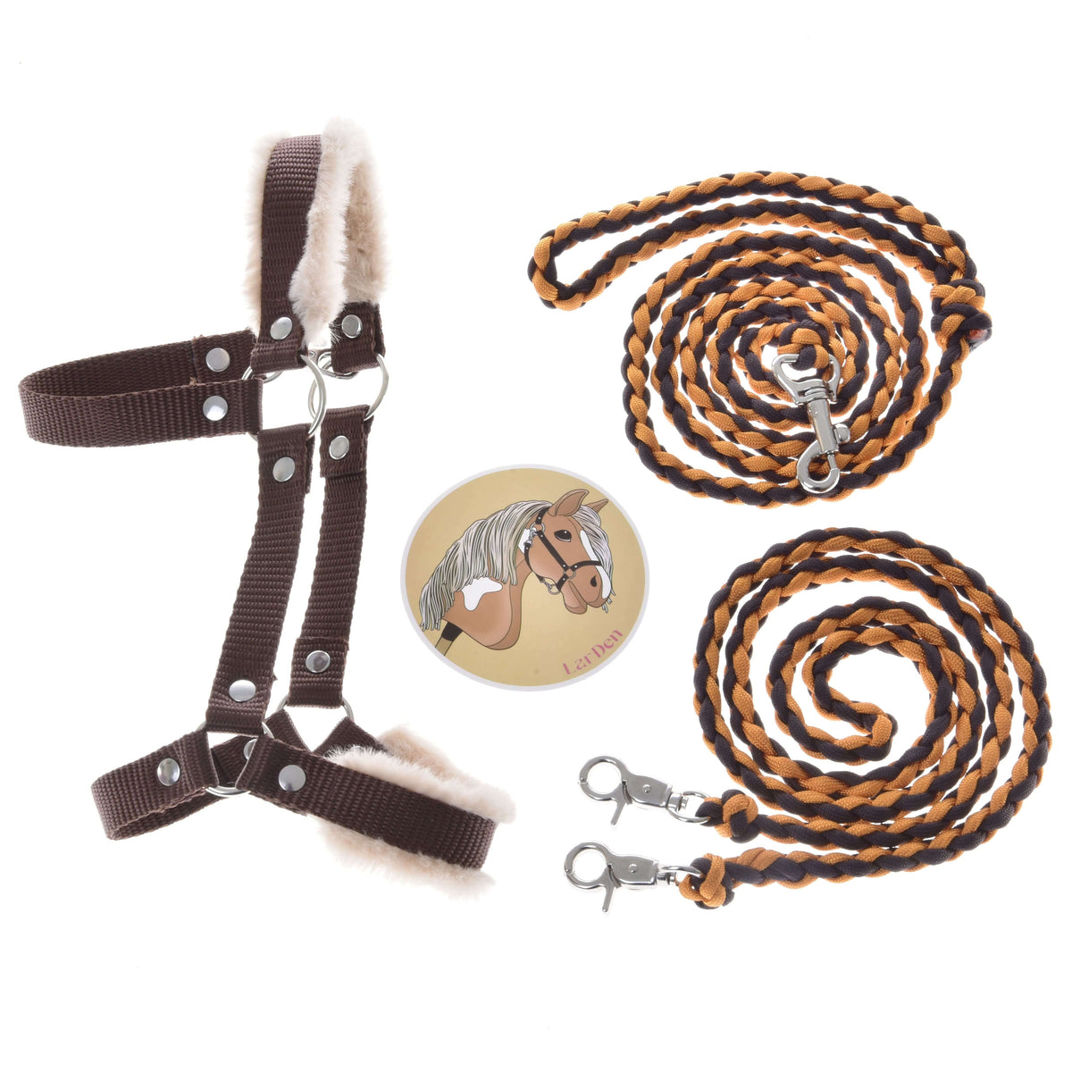 Hobby Horse komplet Perfect Combination Brown znamke LarDen: rjava oglavka s krznom, pleten povodec, vajeti in nalepka