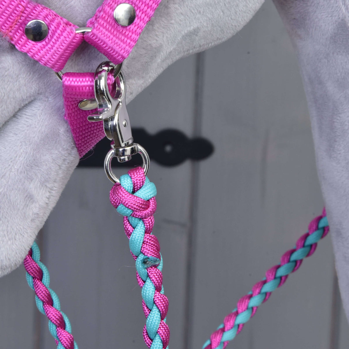 Close-up of the silver snap hook joining a braided pink and turquoise rope to the pink halter