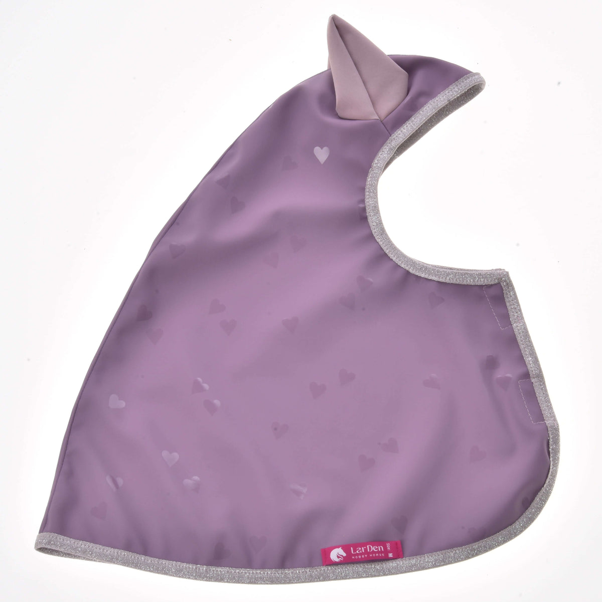 Razprostrto Hobby Horse dežno pregrinjalo Sweetheart: lila potisk s srčki, bledo roza uho, srebrna bleščeča obroba in roza etiketa