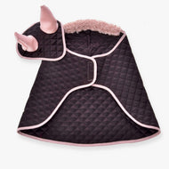 Hobby Horse Set Thermo Sweety by LarDen: quilted dark brown blanket with a pink teddy collar and a matching ear bonnet