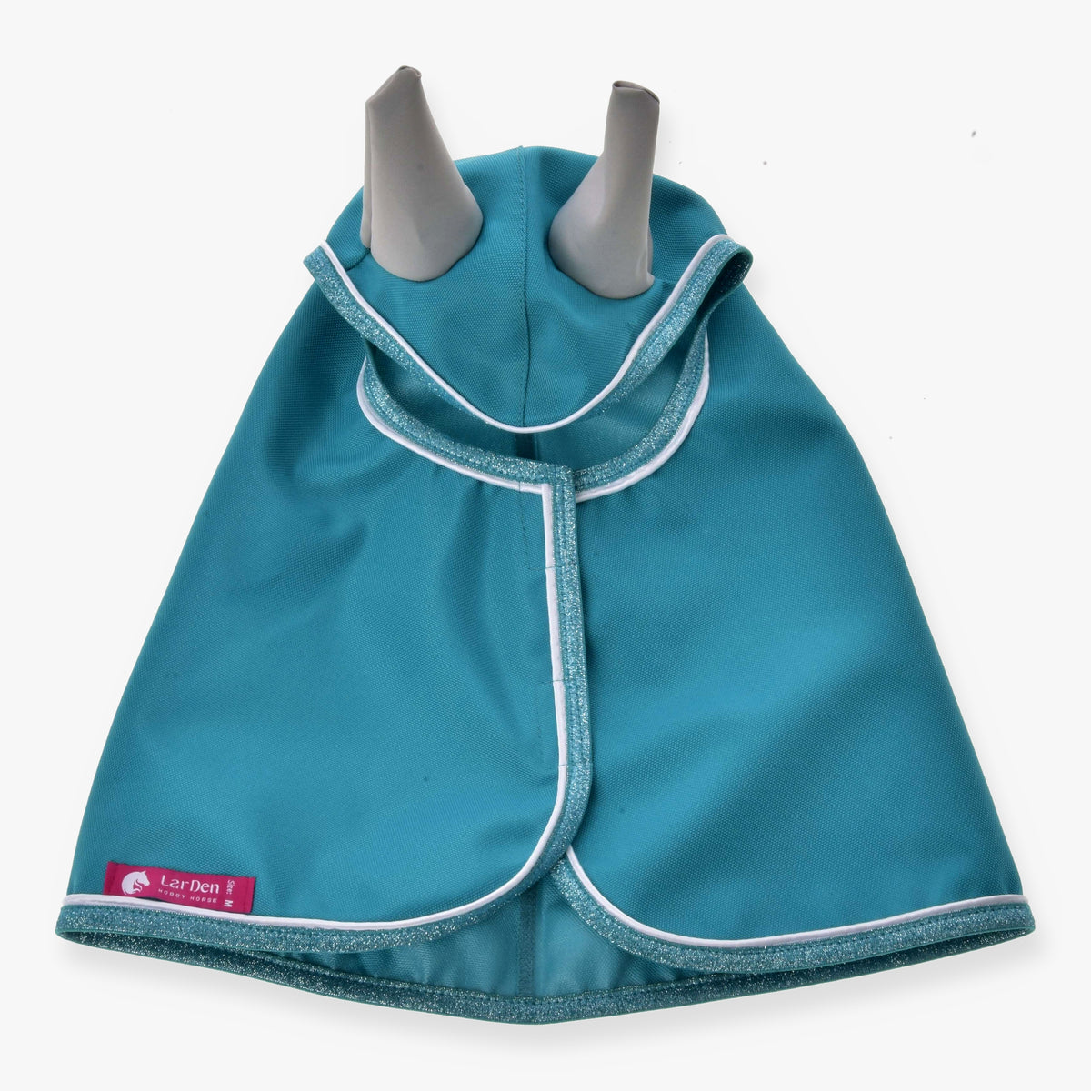 Hobby Horse Raincoat Turquoise by LarDen from above, teal fabric with light grey ears and sparkly binding with white piping