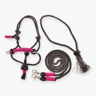 Hobby Horse Rope set Grey by LarDen: charcoal rope halter with a hot pink braided noseband and reins with a tassel
