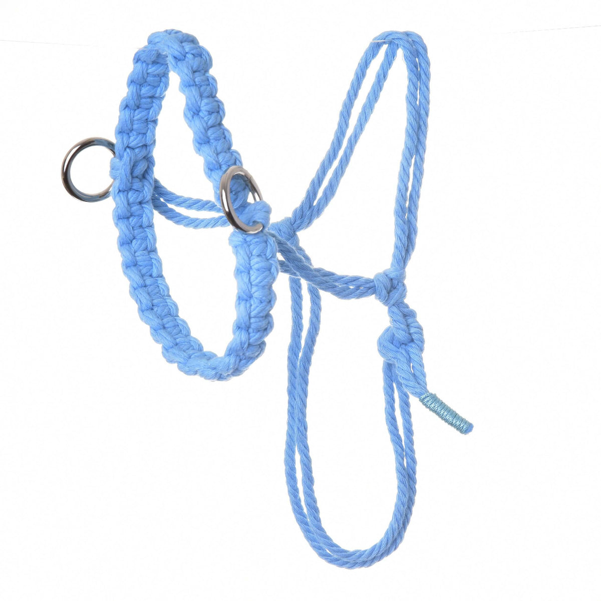 Light blue cotton rope halter with a knotted macramé noseband and silver rings from the Hobby Horse Rope set Cotton Blue