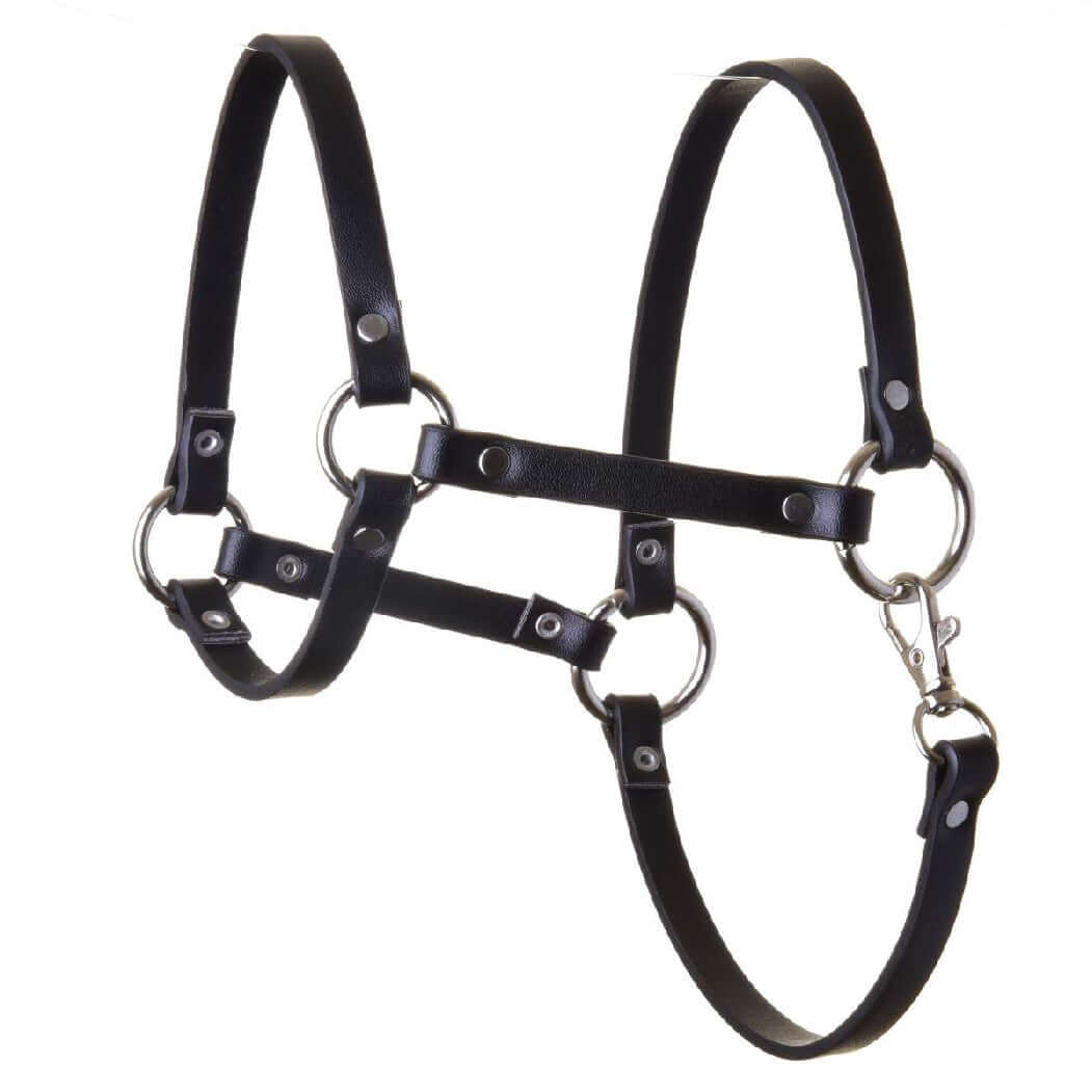 LarDen Hobby Horse Halter - black leatherette with silver rings, rivets and a snap hook