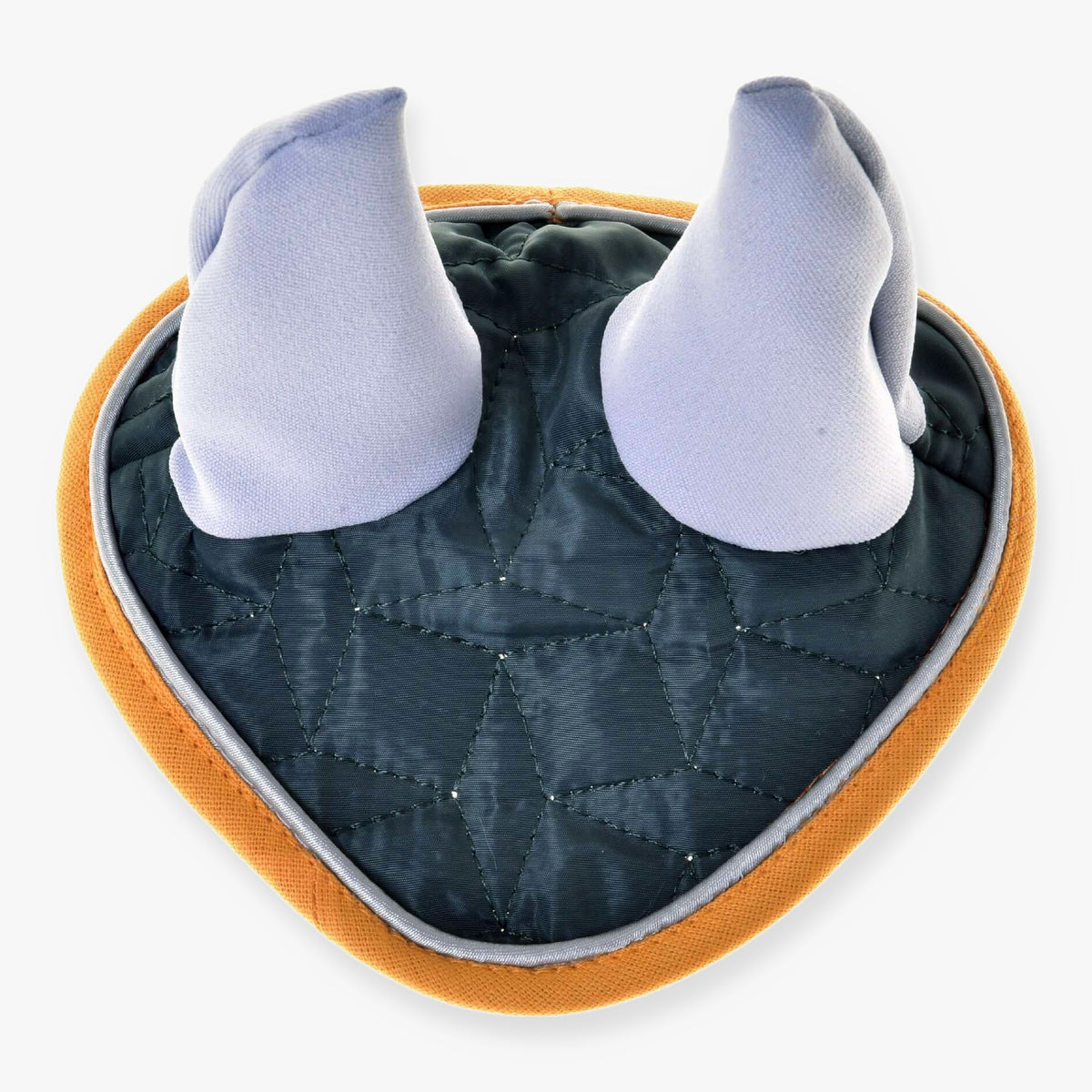 LarDen Hobby Horse Ear Bonnet Thermo Sport, quilted in bottle green with mustard trim and lilac ear covers