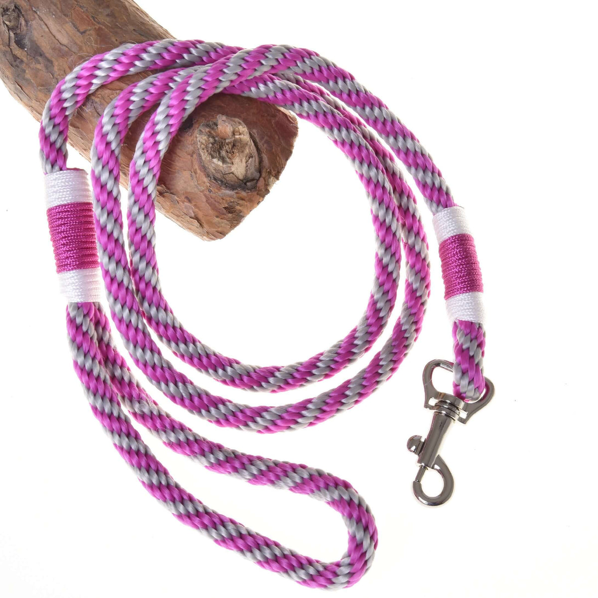 LarDen Hobby Horse Lead Rope Stripe Pink, braided pink and grey lead with white wraps and silver snap hook