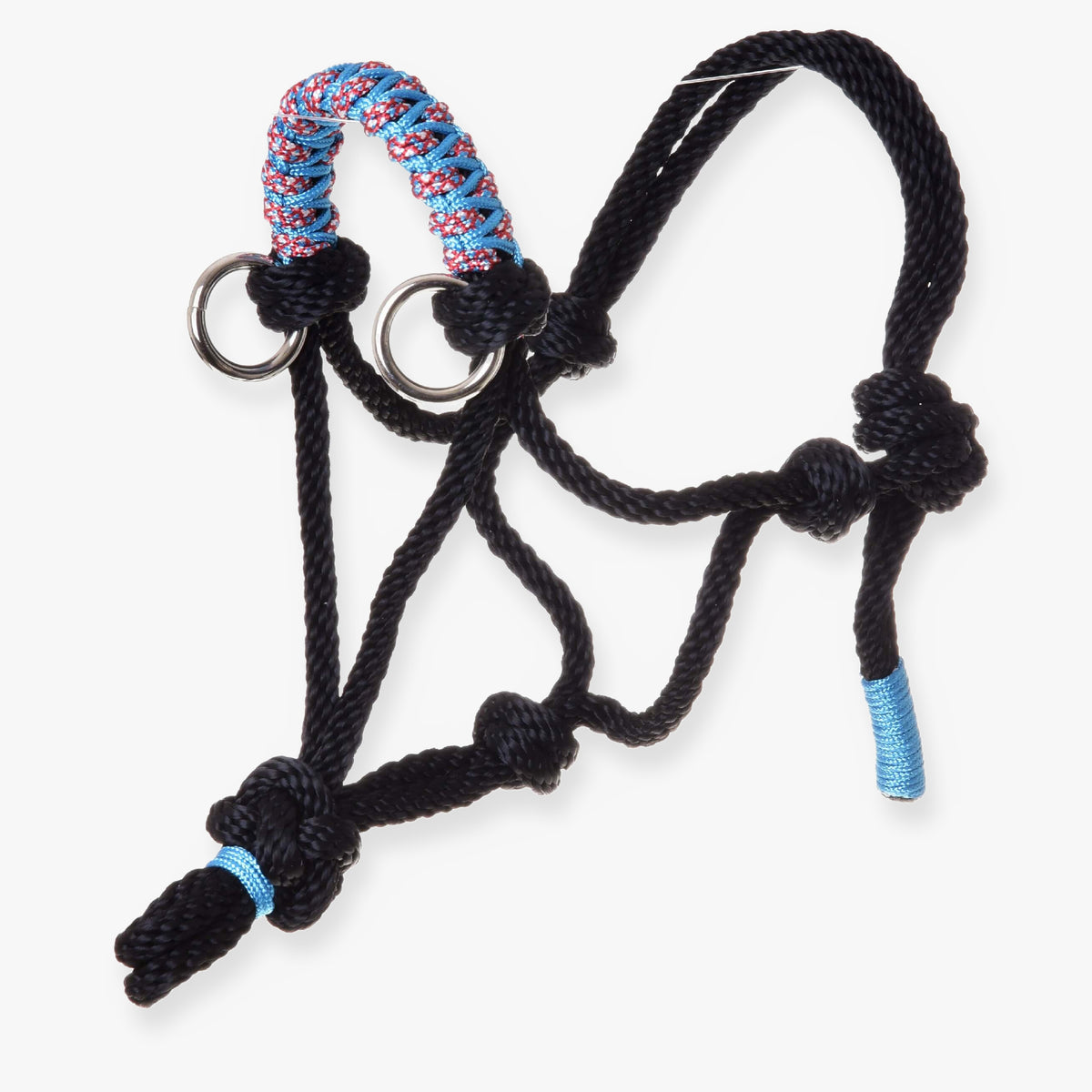 Hobby Horse Rope halter Summer by LarDen in black knotted rope with a blue and red braided noseband and silver rings